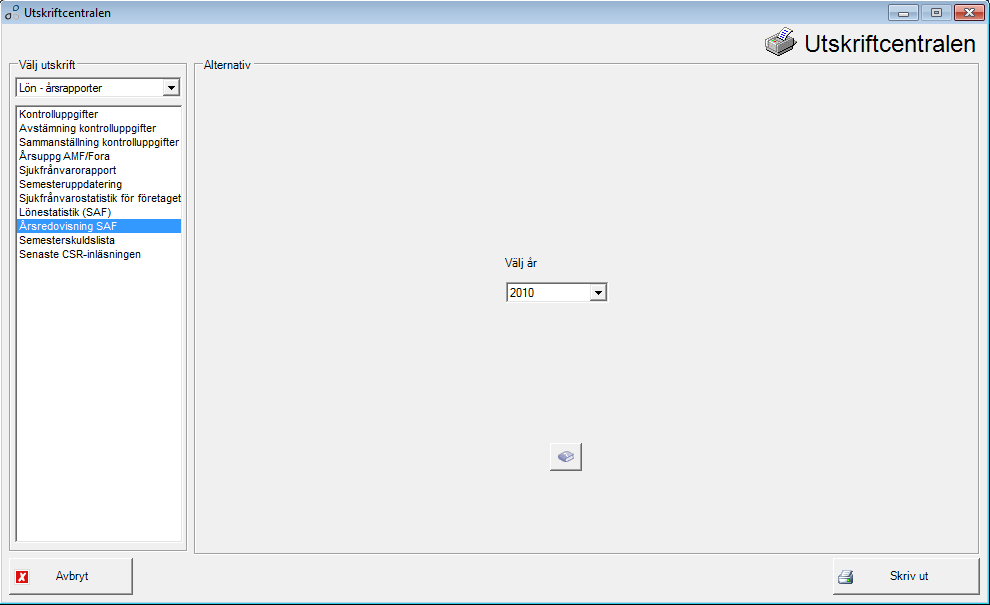 SAF - Årsstatistik Tips: Du kan ta fram årsstatisikt även efter det att du har bytt år. Under utskriftcentral och menyn Lön-årsrapporter finns årsredovisning Svenskt Näringsliv.