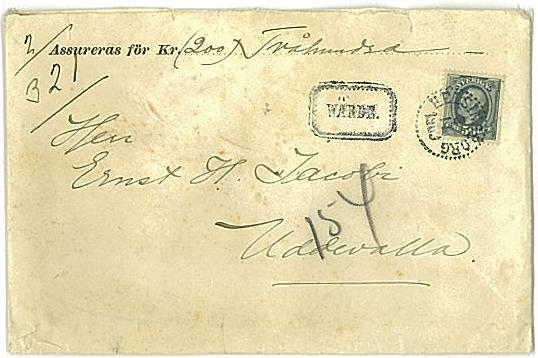 Assurans Eller värdebrev kallades till år 1873 för öppen rekommendation. Breven skulle på baksidan förseglas med fem lacksigill, om avsändaren begärt uppräkning skulle sigillet i mitten vara postens.