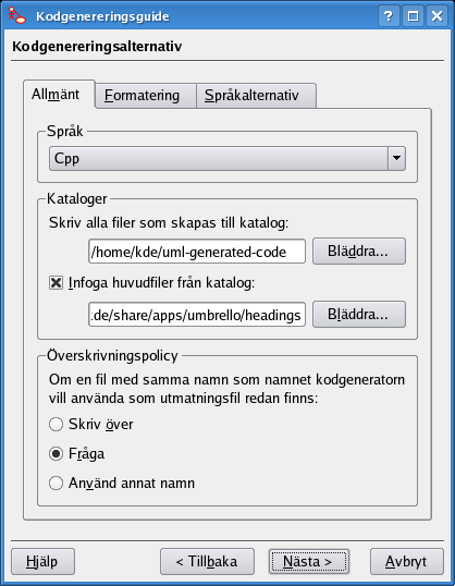 Alternativ för kodgenereringen i Umbrello UML Modeller 4.1.