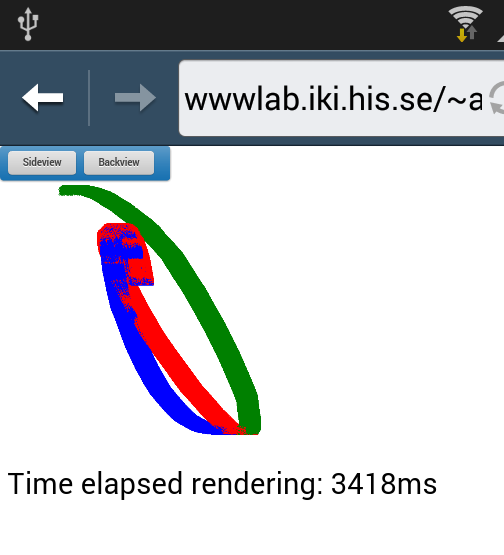 5.6.2 Android plattform fig 8.1 fig 8.2 Android plattformens webbläsare här från vänster till höger. Firefox renderar en 2D-canvas med sideview på 673ms fig 8.1. Androids standard webbläsare en 3d-canvas med backview på 3418ms fig 8.