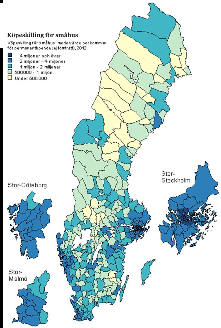 Karta 11 Medelpriser för småhus per kommun 2012 Källa: SCB Det är stor skillnad i riket och för länets del är huspriserna