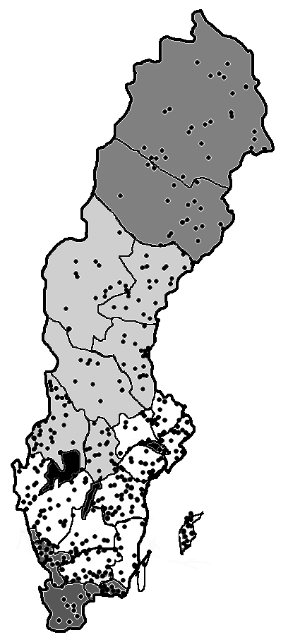 Död ved i svenska skogar 0 100 200 300 km Region 4 1. Norrbotten (29) 2. Västerbotten (21) N 1 Region 3 3. Västernorrland (22) 4. Jämtland (21) 5. Gävleborg (17) 6. Dalarna (12) 2 Region 4 7.