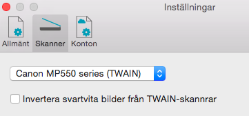 Så här kontrollerar du om skannerdrivrutinen har installerats korrekt: Klicka på Inställningar i Readiris TM -menyn. Klicka på fliken Skanner. Då ska du se skannern i listan.