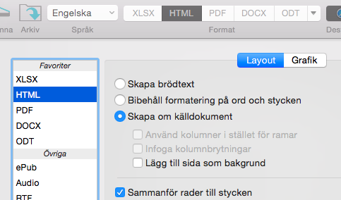 4. Välj utformat och destination Utformat Klicka på det utformat du vill generera i det övre verktygsfältet. T.ex. DOCX för att utföra textredigering, PDF i lagringssyfte.