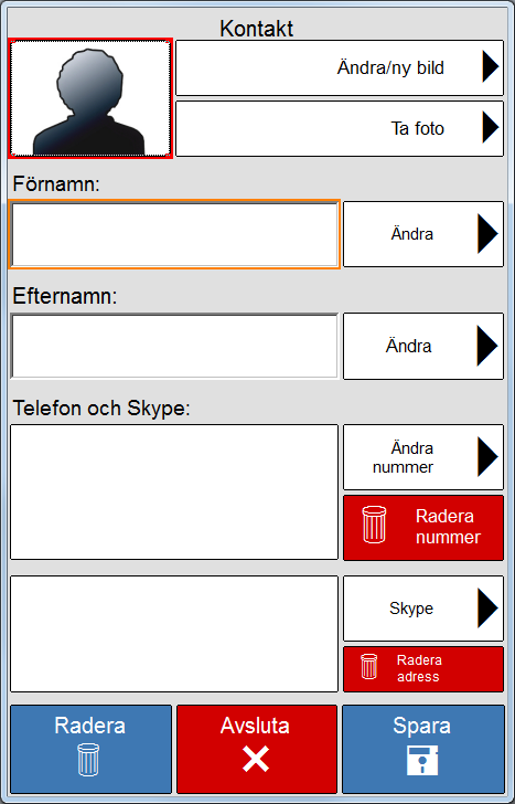 6 Kontakter Med kontaktfunktionen går det att lägga in bilder och telefonnummer samt Skype-adress till kontakter. Skype-adresser kan bara läggas in i Memoplanner.