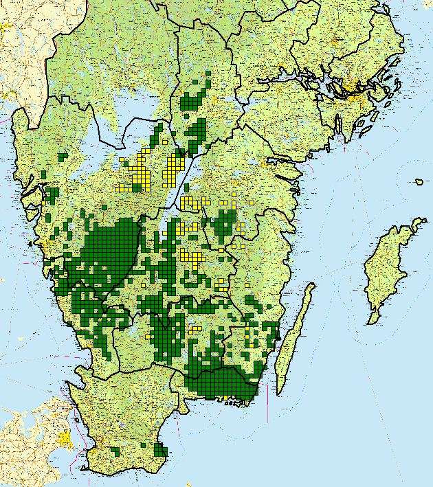 N Boris Berglund s findings of the dormouse (Muscardinus avellanarius) in Sweden, 1977 2011 (green squares).