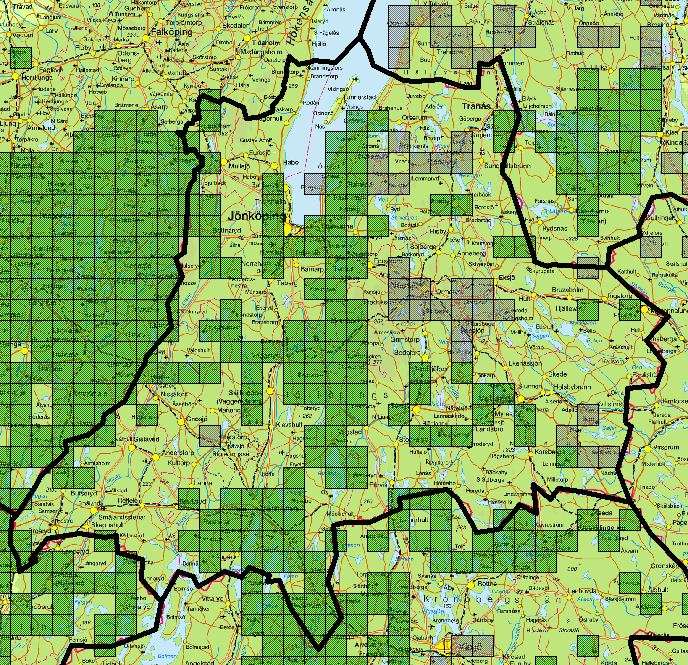 SMÅLAND, Jönköpings län N Atlasrutor (5x5 km) med fynd av hasselmus i Jönköpings län. Gröna atlasrutor är Boris Berglunds fynd, grå rutor är fynduppgifter från andra källor.