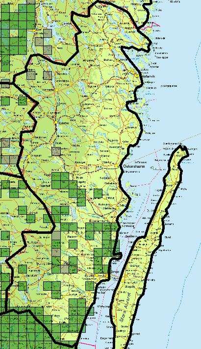 SMÅLAND, Kalmar län N Atlasrutor (5x5 km) med fynd av hasselmus i Kalmar län. Gröna atlasrutor är Boris Berglunds fynd, grå rutor är fynduppgifter från andra källor.