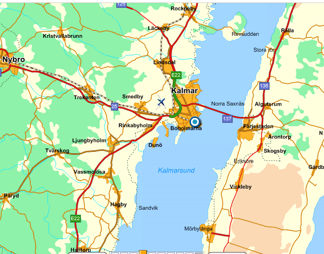 Bild 4.2 Karta över Kalmar med kringliggande samhällen Källa: Eniro Skolorna och omsorgsboendena lagerhåller inga större mängder livsmedel, detta beror till stor del på att livsmedlen är färskvaror.
