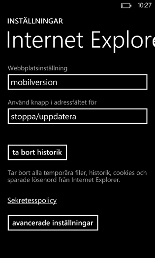 säkrare mobiltelefon 46 Välj Inställningar. Välj Ta bort historik.