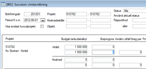 Gå till registreringsbilden för successiv vinstavräkning. Välj de projekt som ska vara med vid inläsningen. Tag F10 för att lista dem. Välj därefter Övriga funktioner Inläsning av anbudssumma.