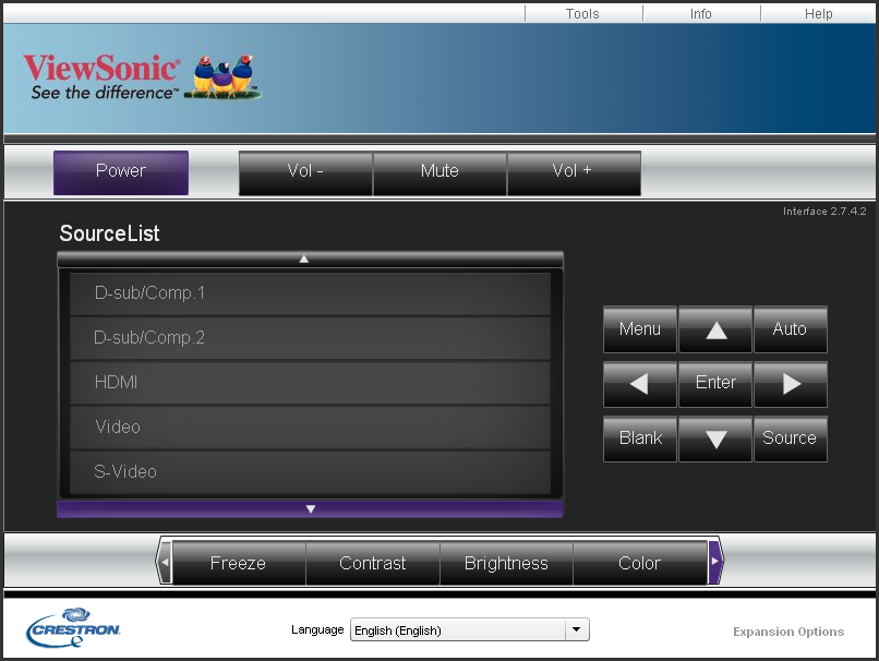 8. Sidan Crestron (econtrol) visar Crestron econtrol användargränssnitt. Sidan econtrol ger en mängd virtuella tangenter för att styra projektorn eller justera de projicerade bilderna.