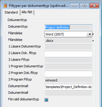Dokumenthantering skapa fil från Jeeves Koppla mall till dokumenttyp i program Dokumenttyper [XPDM] Ange en komplett eller en relativ sökväg till EDM-filservern (EDMPDM004) för mallen i fältet