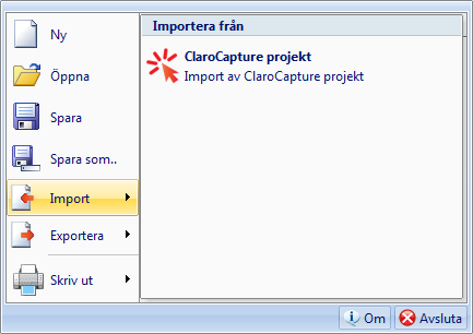 Importera från andra program Det är möjligt att importera ClaroCapture projekt till ClaroIdeas genom att använda importfunktionen.