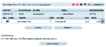 1.9 MINA STARTTIDER Här visas alla dina inbokade starttider. Du kan redigera en inbokad tid med nya spelare eller avboka en spelare eller avboka hela bollen.