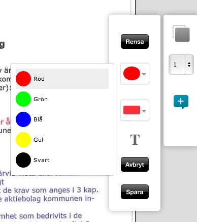 Under <Rensa>-knappen (som används till att ta bort all ritad grafik) finns det en knapp där användaren kan välja färg på sitt valda ritverktyg.