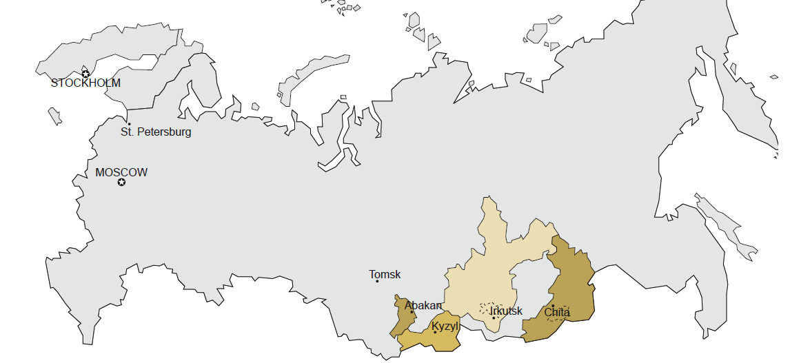 Central Asia Golds tillgångar Central Asia Golds tillgångar är belägna i Irkutsk-, Chita- och Tyvaregionen i sydöstra Ryssland Central Asia Golds två viktigaste tillgångar utgörs av Tardan