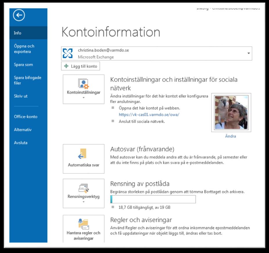 Arkiv-fliken Info-sidan Kontoinformation Kontoinställningar Diverse
