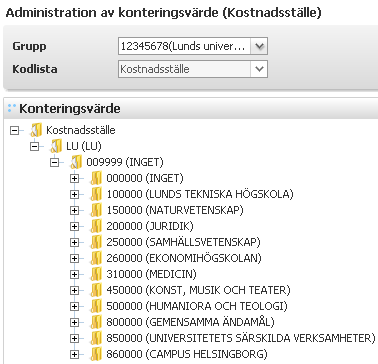 Lathund Lokaladministratör (senast uppdaterad 2009-03-14) 1.3 Adresser Här kan du se alla universitetets adresser: en fakturaadress och många leveransadresser. 1.4 Konteringsvärden När du trycker på Konteringsvärden får du upp en lista där du väljer vilken konteringsdimension du vill öppna.