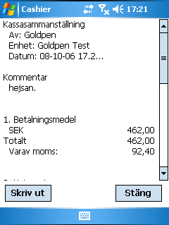 Kassahantering Alla köp/återköp som registreras kopplas till en pågående kassa. När dagens försäljning är slut görs kassaavslut genom att välja Avsluta kassa i menyn.