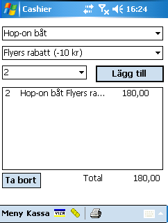 Försäljning av turbiljetter När man har valt en biljettkategori där man ska sälja biljetter mellan olika platser ser användargränssnittet ut enligt nedan: Välj plats att åka från, plats att åka till,