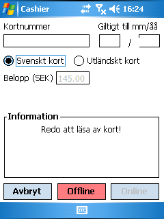 Betalning med kort Tryck på ikonen med ett VISA-kort i verktygsraden för att ta fram kortköpsdialogen: Dra kortet i skrivarens kortläsare. Kortnummer och giltighetstid dyker då upp i motsvarande fält.