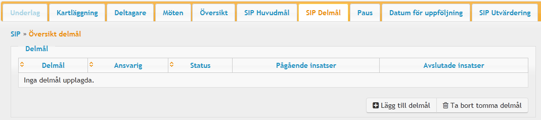 SIP Huvudmål I fliken Huvudmål skrivs den personens huvudmål in i fritextrutan och sparas av samordningsansvarig. Den enskilde formulerar sitt huvudmål eventuellt med hjälp av närstående. Välj Spara.