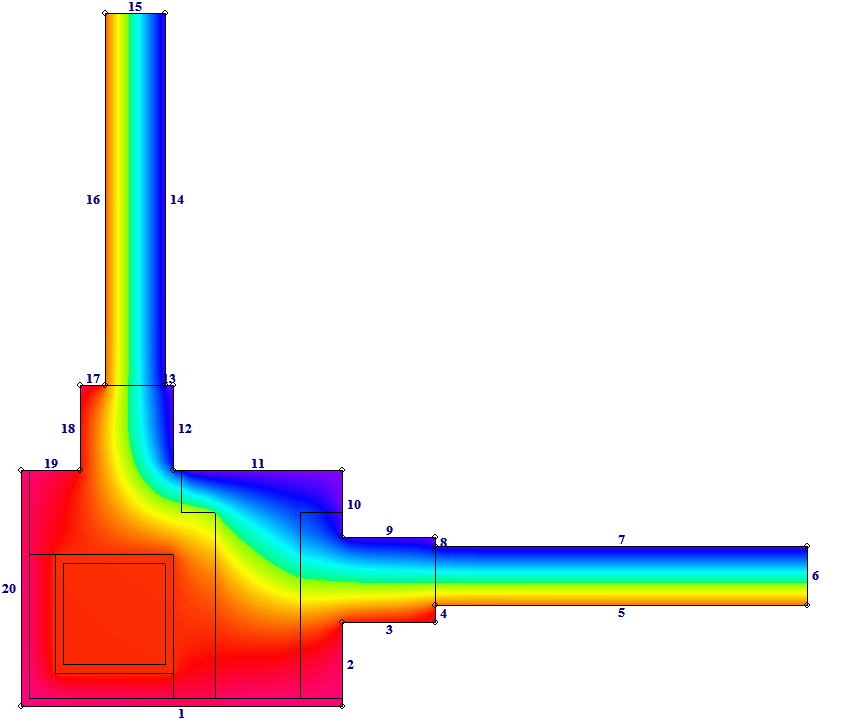 Figur 5.64. Temperaturfördelning i utfackningsväggens hörn efter isolering med 50 mm Västkustskiva. Vad gäller den tredje konstruktionslösningen med stålpelare, se figur 5.