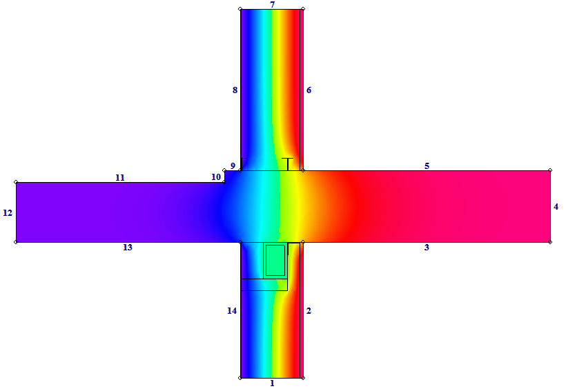 Figur 5.72. Temperaturfördelning genom isoleringsskikt i balkonginfästning för utfackningsvägg. Figur 5.