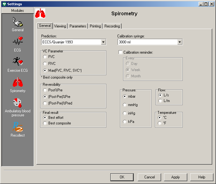 Bild 5.2 Spirometri, fliken Allmänt CardioPerfect Workstation Inställning Referensmaterial VC-parameter Reversibilitet Beskrivning Välj det referensmaterial som ska användas.