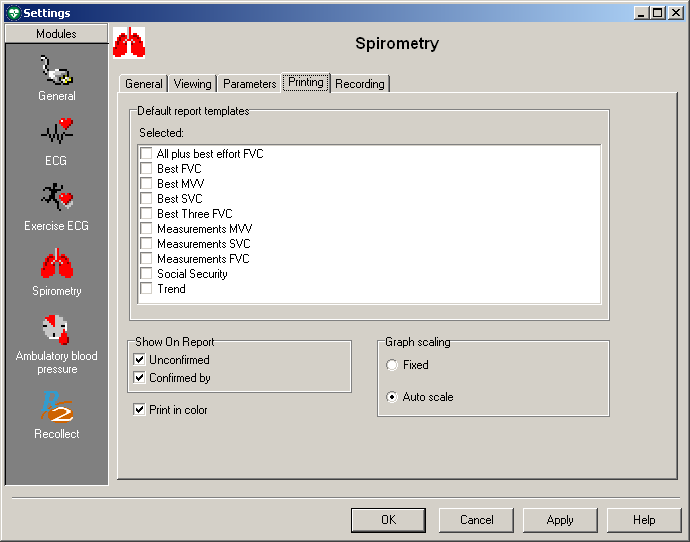 Bild 5.5 Spirometri, fliken Utskrift CardioPerfect Workstation Inställning Standardrapport Beskrivning En lista över tillgängliga mallar som används för rapportutskrift.