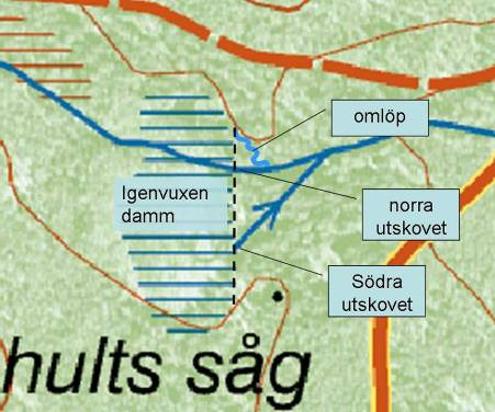 Figur 61. Skiss på Klackenhults övre kvarn och ungefärlig sträckning på det föreslagna omlöpet.