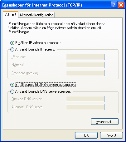 Konfiguration av datorn i Windows XP Följande instruktioner gäller om du har operativsystem Windows 2000 eller Windows XP. OBS! Ändringar görs enbart vid markerade områden. Konfiguration 1.