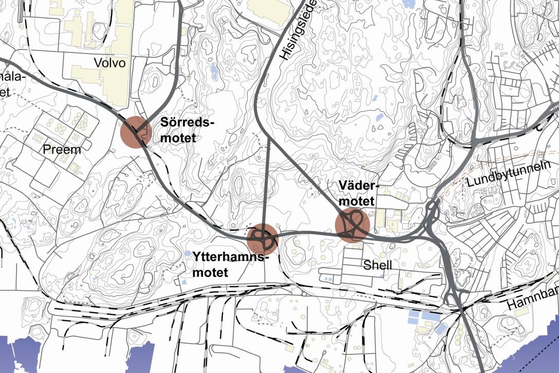 reserveras för kollektivtrafik Mittbarriär Gång- och cykelbana på södra sidan