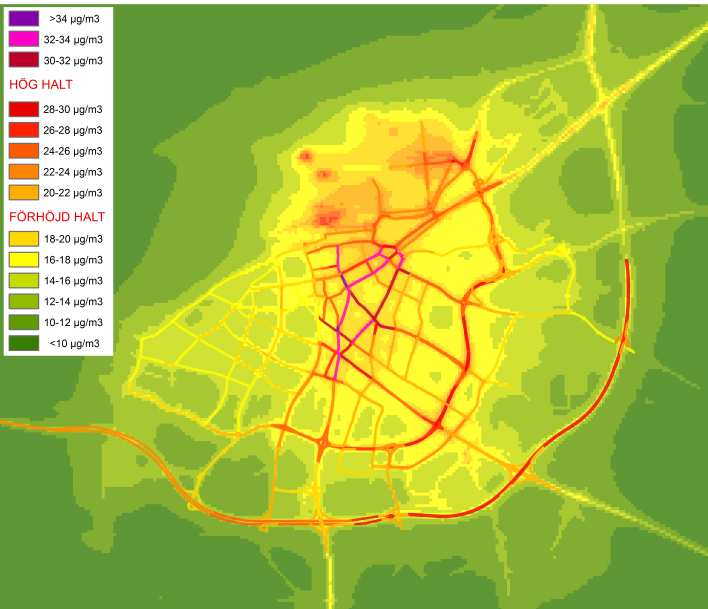 Mätplats Figur 2. Beräknade kvävedioxidhalter (NO 2 ) i Malmö som genomsnittligt årsmedelvärde för år 2013. Enheten är µg/m 3.