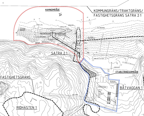 Arean blir ca 21 000 m 2 för hamnområdet och ca 10 000 m 2 för etableringsområdet. Figur 6.1 Förslag till tillfällig hamn vid Sätra varv.