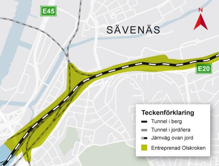 Entreprenad Olskroken utgörs översiktligt av sträckan från Sävenäs till och med bron över E6.