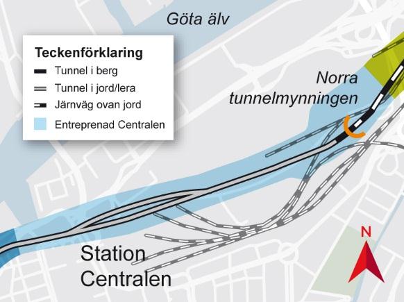 Entreprenad Centralen utgörs översiktligt av sträckan väster om E6, genom Gullberget under Skansen Lejonet och fram till och med den nya Station Centralen vid Lilla Bommen.