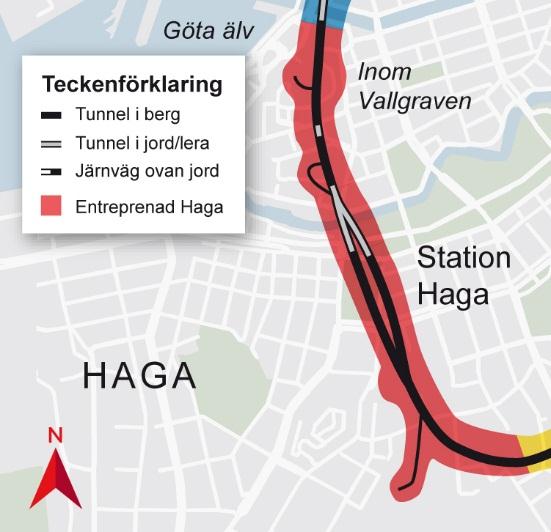 Entreprenad Haga börjar i den norra delen av berget genom Otterhällan. Tunneln går sedan vidare med betongtunnel under Rosenlundskanalen och övergår till berg ungefär en tredjedel in i Station Haga.