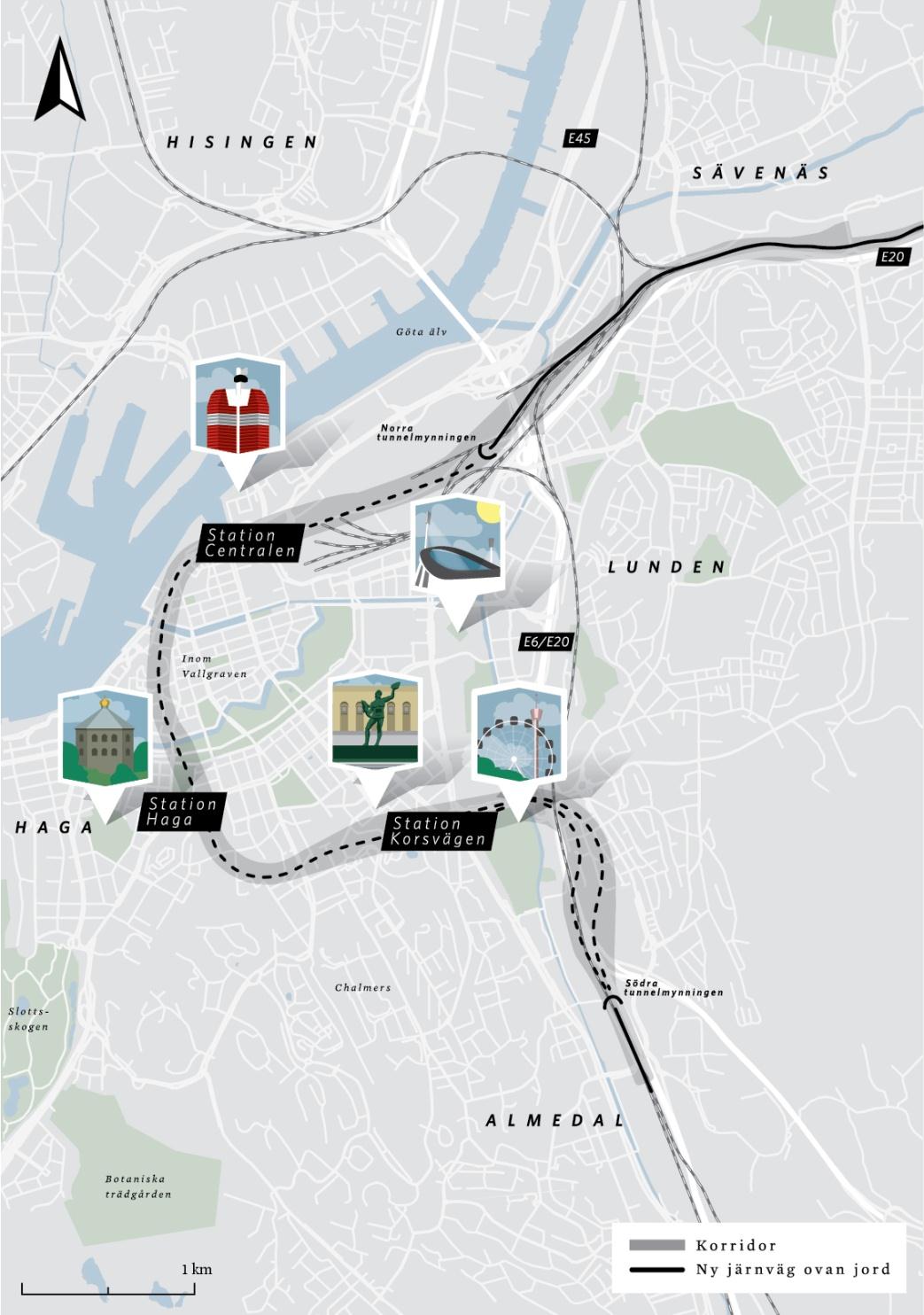 Västlänkens sträckning Cirka 8 km dubbelspårig järnväg, drygt 6 km i tunnel, genom centrala Göteborg.