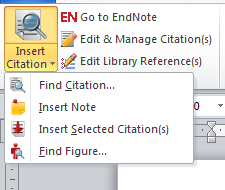 3 Använd EndNote för citering i Word-dokument I Windows 2007 och Word 2010 ligger verktygen för EndNote i en egen flik. I Word 2003 finns EndNotes alla verktyg på menyraden under Verktyg.