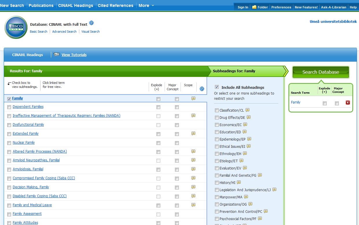 Resultatlista i CINAHL