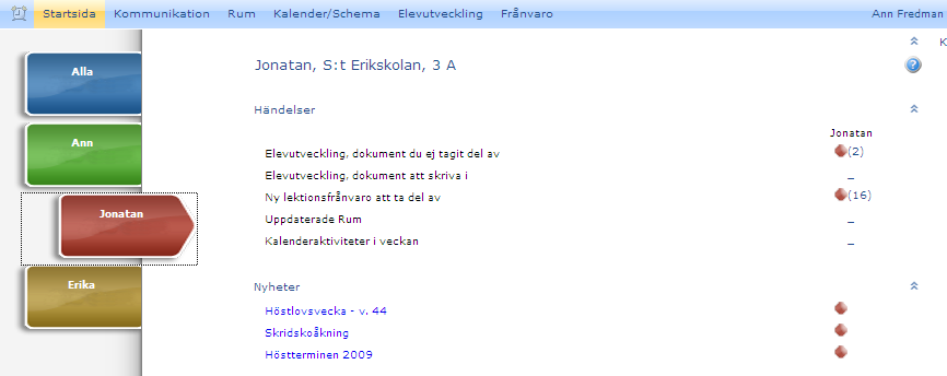 11 Navigation Ditt/dina barn som du är vårdnadshavare för och som går i kommunal grundskola i Stockholms stad presenteras i ett fliksystem till vänster på bilden.