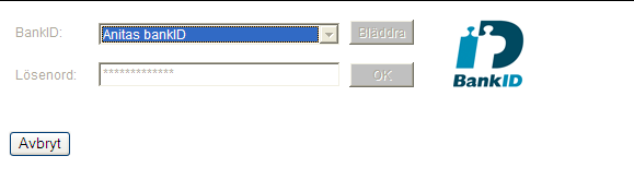 7 När du klickat på länken kommer du till sidan för BankID eller din e-legitimation där du väljer din legitimation/id och skriver in lösenordet till detta.