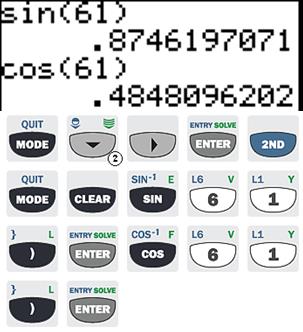 Man skriver in sin( och cos( med tangenterna direkt Här ser man att punkten P har koordinaterna (0,485,0,875) Först svarar den exakt.