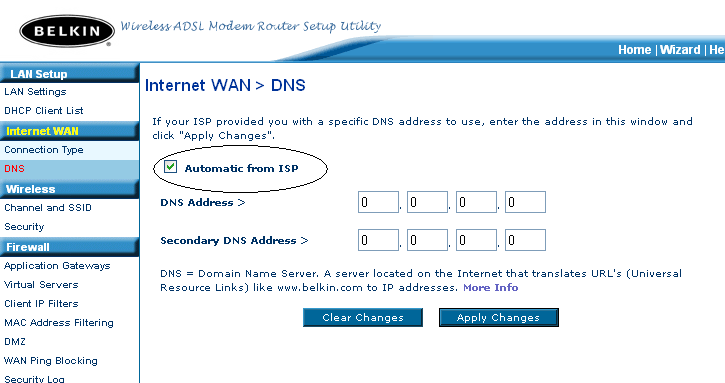 DNS Inställningar Sedan tryck på DNS under Internet WAN på vänster sida och fyll in dina DNS adresser som du har fått från din Internetleverantör börja med att kryssa av Automatic from ISP rutan.