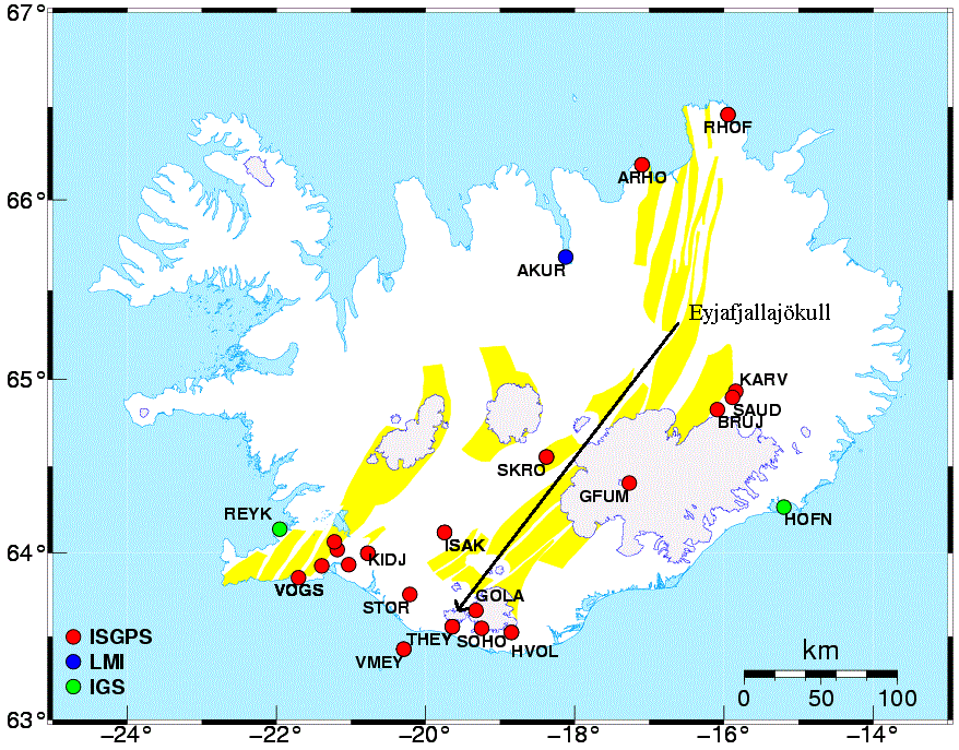 Eyjafjallajökull har ett flertal GNSS-stationer i sin närhet vilket tycktes vara lovande, se figur 4.