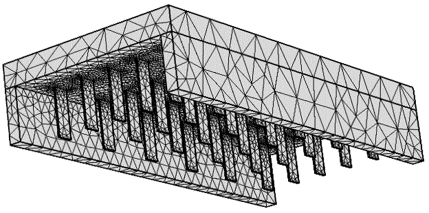 Figur 8: 3D-modell med flänsar i taket. 2.3.7 Förenklingar/antaganden Alla simuleringar utfördes som stationära trots att förhållandena kring krypgrunden, främst utetempraturen, förändras över tid.