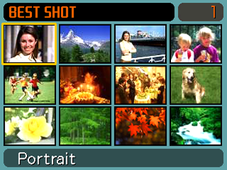 Aktivera ett av lägena REC, ställ lägesväljaren på och tryck sedan på [SET]. Läget BEST SHOT aktiveras och samtliga 12 scenexempel i BEST SHOT visas.