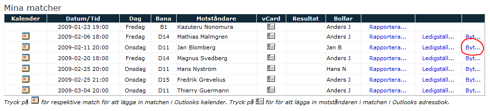 Tryck på knappen Ledigställ banan för att genomföra ledigställningen. Observera att din motståndare måste vara med på att banan ledigställs, han/hon har ju betalat för halva timmen.